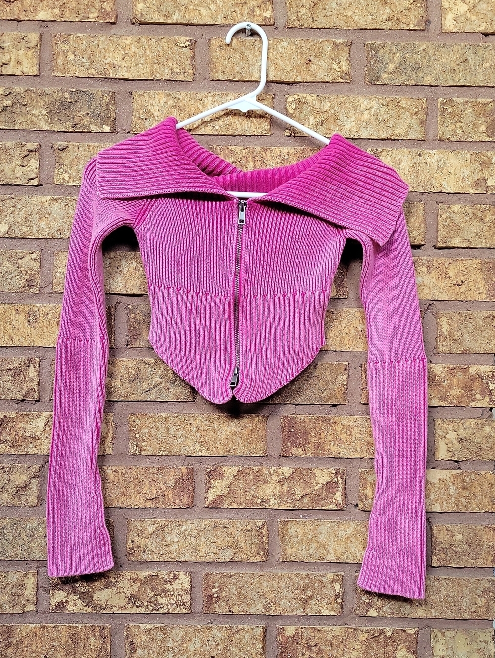 wild fable Hot Pink Ribbed Off-Shoulder Zip Cardigan Size XXS Cotton